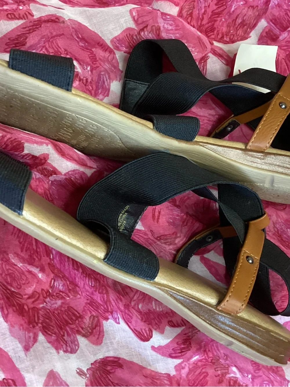 XOXO Black Elastic Crisscross Sandals with Brown Heel Accent 10
